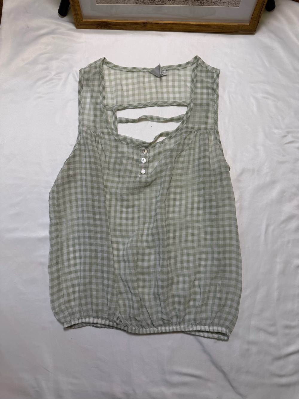 Love Rocks size large Light Sage Gingham Sleeveless Women's Top